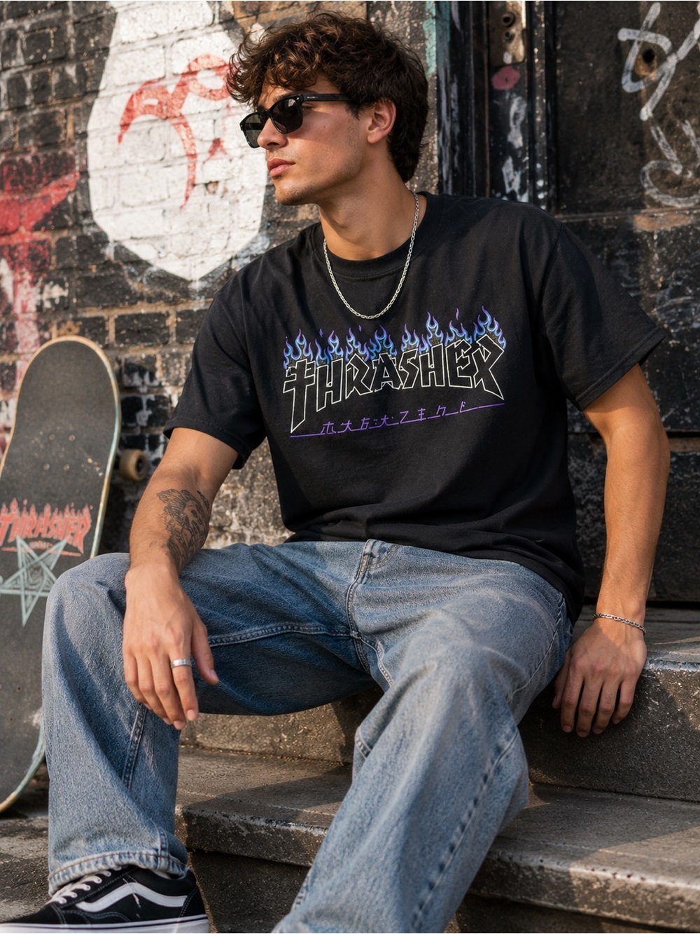Thrasher Blue Flame Logo Graphic T Shirt Black Skateboarding Streetwear Adult XL